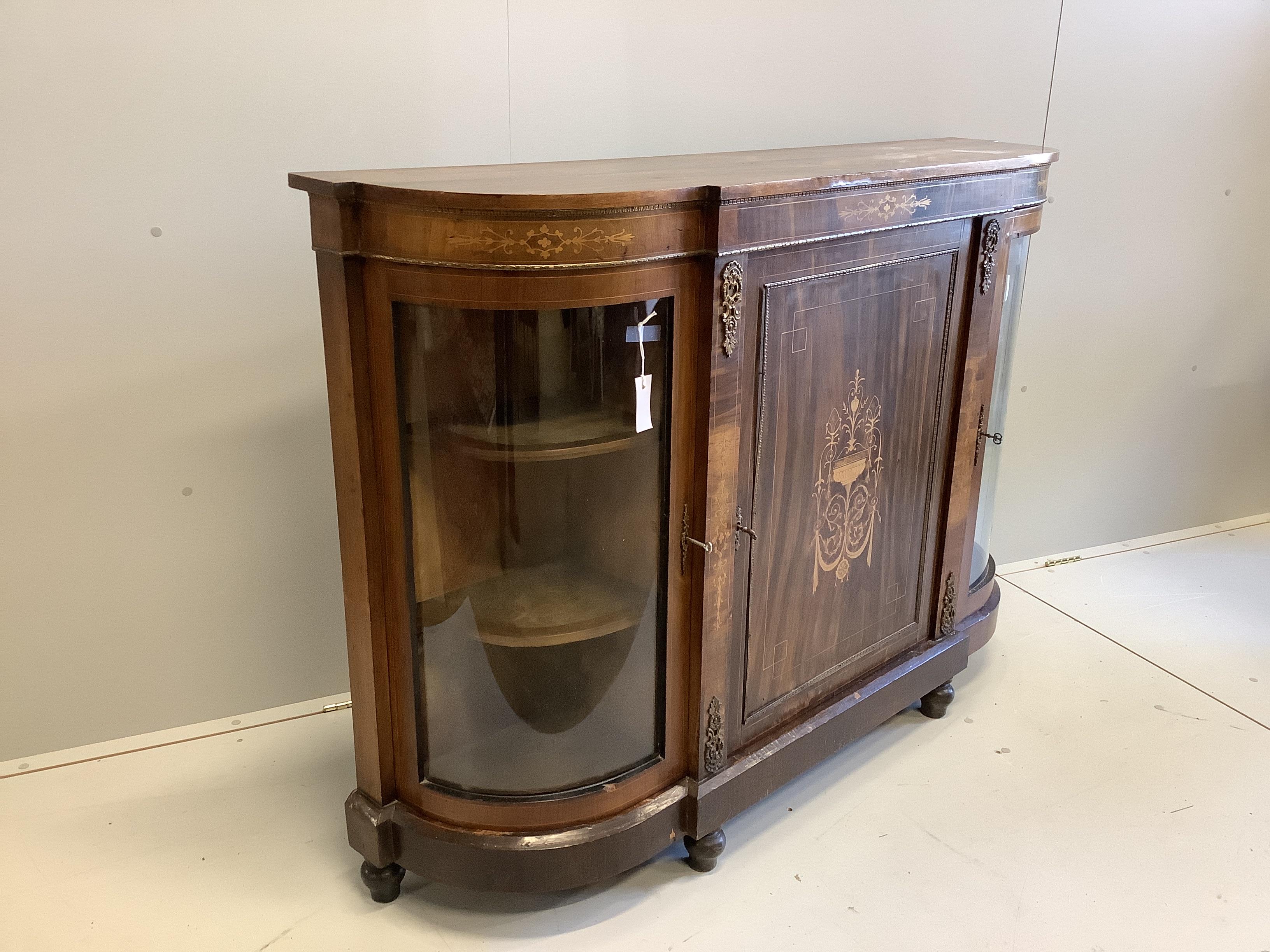A Victorian gilt metal mounted marquetry inlaid and simulated walnut credenza, width 149cm, depth 37cm, height 103cm